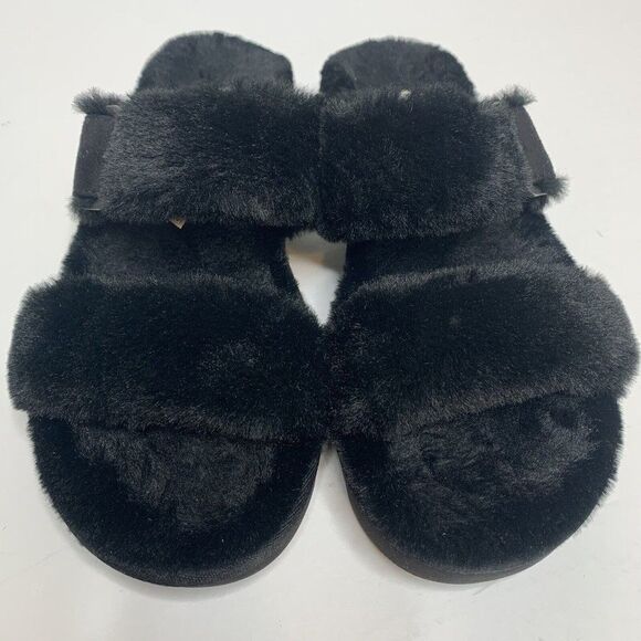 UGG Fuzz Yeah Black Sheepskin Shearling Sherpa Slippers Sandals Womens Size 7M - Picture 3 of 8